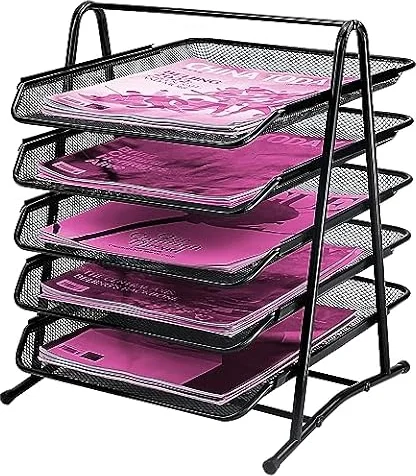 5 Tier Bandeja de Papel Organizador de Escritorio, Bandeja Escritorio Apilable, Estructura de Malla para Documentos Papeles Uso en Casa u Oficina con Deslizantes en 5 Niveles