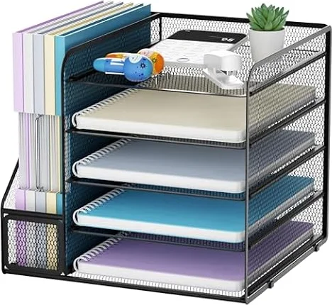 Marbrasse Organizador de Escritorio,5 Niveles Malla Papel Organizador, Archivo Estantería para Oficina Casa Accesorios(Negro)