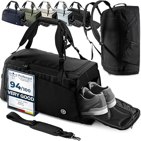 bemaxx Bolsa Deporte Hombre Mujer Bolsas de Viaje con Función de Mochila Compartimento para Zapatos y Ropa Mojada | Bolsa de Deportiva Fitness Gimnasio Gym Natación Piscina Duffle Bag | 40 L, Negro