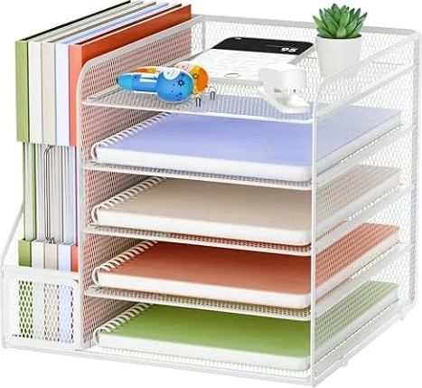 Marbrasse Organizador de Escritorio,5 Niveles Malla Papel Organizador,Archivo Estantería para Oficina Casa Accesorios(Blanco)