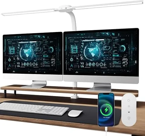 Nevoke W01 Lampara de Escritorio de LED con Control Remoto - 24W 1400LM 80CM Flexo LED Escritorio con Pinza Luz Leer Puerto de carga USB para Estudiar, Oficina, Blanco