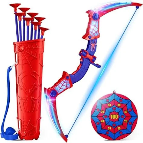 Mirthigig Juguetes Niños 3 4 5 6 7 8 9 10 Años ArcoFlecha con Luces LED Rojas & Azules, Carcaj & Diana Telaraña Regalo Niño 3-12 Años Juegos Exterior Niños Regalos Juguetes para Niños de 3-12 Años