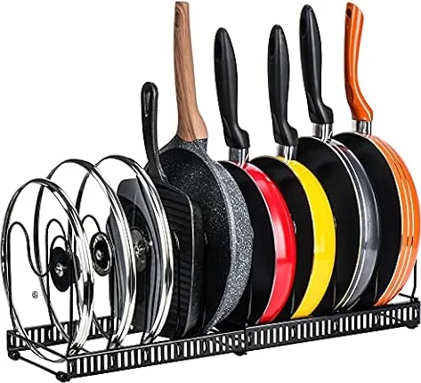 Toplife Organizador de Sartenes y Ollas, Soporte Sartenes de Tamaño Ajustable, Estante de Sartenes con 10 Compartimientos para Almacenar Tapas de Ollas, Platos - Negro