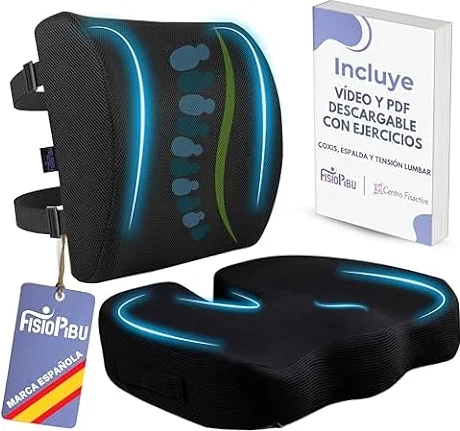 Fisiopibu Pack Cojin Silla Oficina + Cojin Lumbar + Regalo Video y PDF de Ejercicios|Cojín Coxis|Respaldo Lumbar Silla Oficina|Cojin Antiescaras|Ortopedico|Viscoelastico|Gaming|Funda Lavable máquina