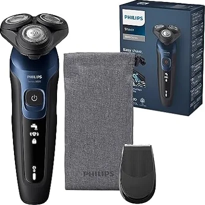 Philips Serie 5000 Afeitadora Eléctrica Hombre, Máquina de Afeitar Barba con recortadora, 27 cuchillas, Cabezal flexible 360º, 50min de uso, En Seco y Húmedo, Recargable, Funda, S5465/18, Azul Metal