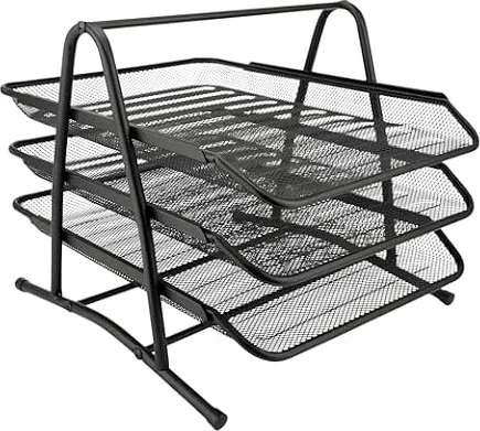 D.RECT 7610, Bandeja para Cartas de 3 Niveles de Malla metálica, A4, Bandeja Organizadora de Cartas, Uso en Casa u Oficina, Color Negro, Normal