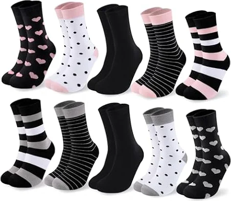 Cirorld 10 Pares Calcetines Mujer Coloridos Algodón 39-42, Medias Medianas, Deportivas Cómodas, Invernales Transpirables, Diseños Rayas & Lunares​
