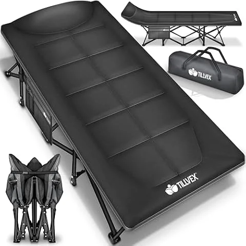 tillvex® Cama de Camping Plegable Con Bolsa de Transporte Hasta 200 kg | Tumbona Extra Ancha | Para Exteriores e Interiores | Cama Para Invitados en Jardín